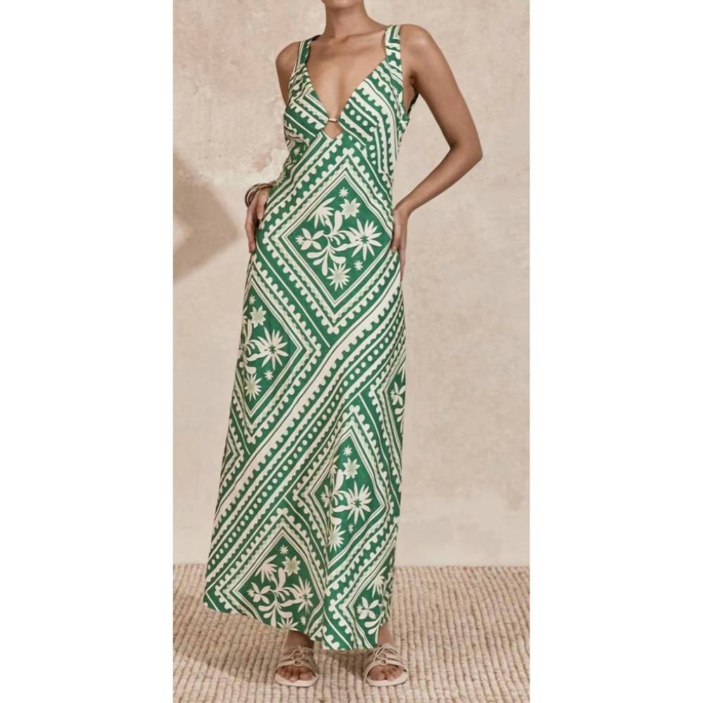 Green Floral Print Maxi Dress with Ring Detail